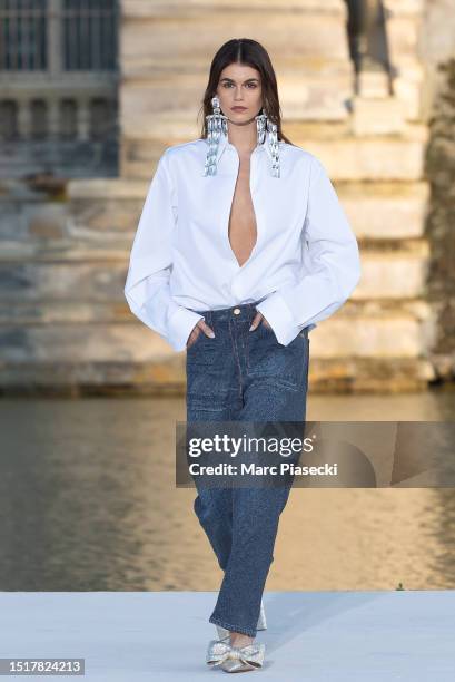 Kaia Gerber walks the runway during the Valentino Haute Couture Fall/Winter 2023/2024 show as part of Paris Fashion Week at Chateau de Chantilly on...