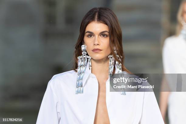 Kaia Gerber walks the runway during the Valentino Haute Couture Fall/Winter 2023/2024 show as part of Paris Fashion Week at Chateau de Chantilly on...