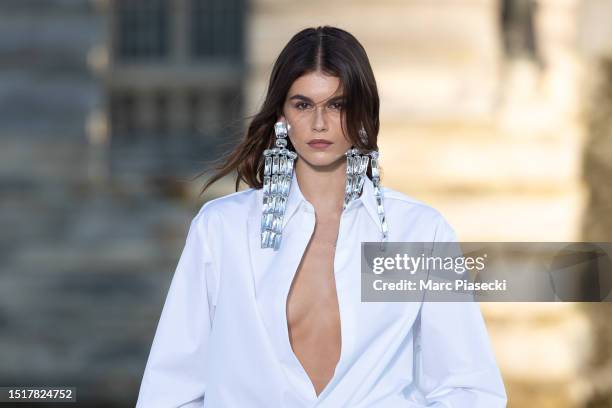 Kaia Gerber walks the runway during the Valentino Haute Couture Fall/Winter 2023/2024 show as part of Paris Fashion Week at Chateau de Chantilly on...