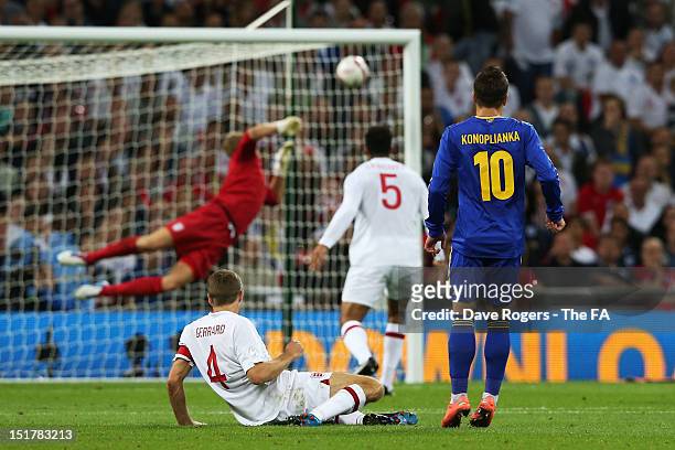 Ievgenii Konoplianka of Ukraine looks on as his shot beats goalkeeper Joe Hart of England to score the opening goal during the FIFA 2014 World Cup...