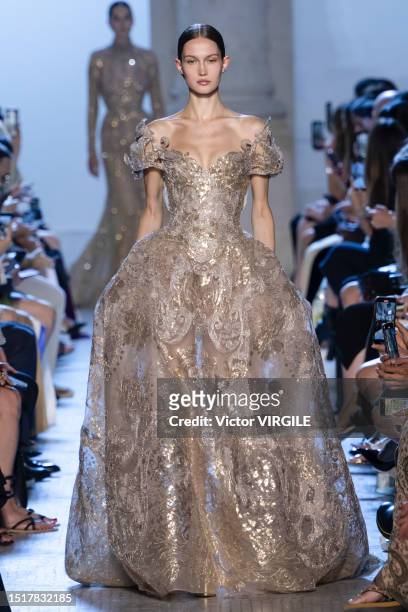 Model walks the runway during the Elie Saab Haute Couture Fall/Winter 2023-2024 fashion show as part of the Paris Haute Couture Fashion Week on July...