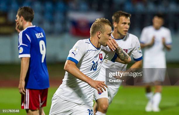 Marek Sapara of Slovakia celebrates after scoring goal during their 2014 World Cup qualifying football match Slovakia vs Liechtenstein on September...