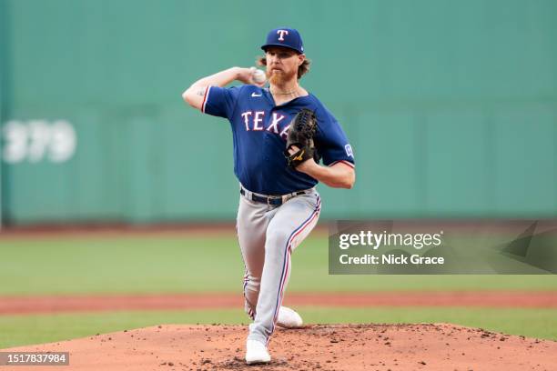 Jon Gray of the Texas Rangers delivers a pitch during the first inning against the Boston Red Sox at Fenway Park on July 05, 2023 in Boston,...