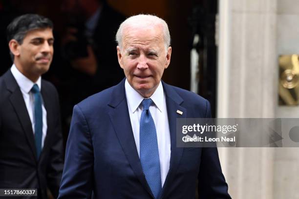 President Joe Biden leaves 10 Downing Street after meeting with British Prime Minister Rishi Sunak on July 10, 2023 in London, England. The President...