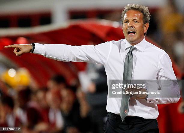 Head coach Sinisa Mihajlovic of Serbia reacts during the FIFA 2014 World Cup Qualifier at stadium Karadjordje Park between Serbia and Wales on...