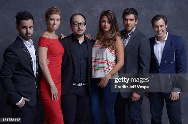 Actor Matias Lopez, actress Andrea Osvart, director Nicolás López, actress Lorenza Izzo, actor Eli Roth and actor Ariel Levy of "Aftershock" pose at...