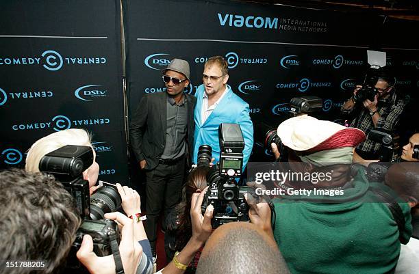 David Kau and Steve Hofmeyer attend the Comedy Central Roast of Steve Hofmeyer at the Lyric Theatre, Gold Reef City on September 11, 2012 in...