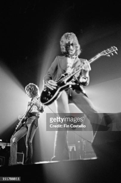 27th OCTOBER: Brad Whitford and Joe Perry from Aerosmith perform live on stage at the Civic Center in Providence, Rhode Island, USA on 27th October...