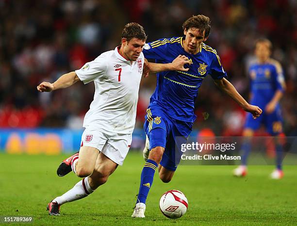 James Milner of England holds off Denis Garmash of Ukraine during the FIFA 2014 World Cup Group H qualifying match between England and Ukraine at...