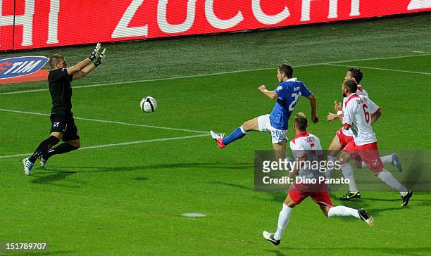 Mattia Destro of Italy scores his opening goal during the FIFA 2014 World Cup qualifier match between Italy and Malta on September 11, 2012 in...