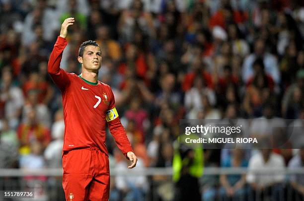 Portuguese forward Cristiano Ronaldo gestures during the FIFA World Cup 2014 qualifying football match between Portugal and Azerbaijan at the AXA...