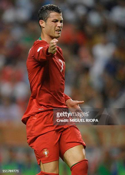 Portuguese forward Cristiano Ronaldo gestures during the FIFA World Cup 2014 qualifying football match between Portugal and Azerbaijan at the AXA...