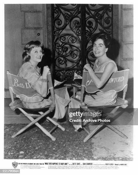 Bette Davis and Joan Crawford in between scenes from the film 'What Ever Happened To Baby Jane?', 1962.
