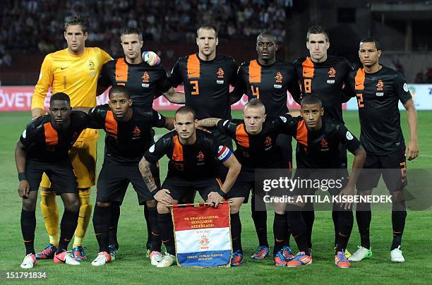 The Netherlands' national football team: Jetro Willems, Jeremain Lens, captain Wesley Sneijder, Jordy Clasie and Luciano Narsingh, , goalkeeper...