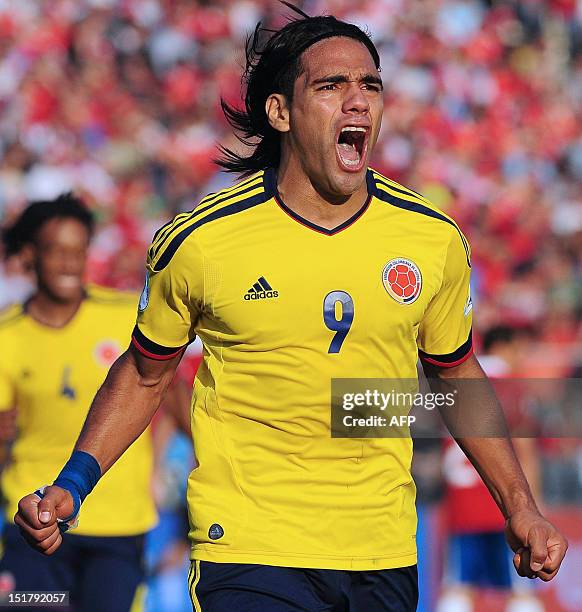 Colombian forward Radamel Falcao celebrates after scoring during a Brazil 2014 World Cup South American qualifier match at the Estadio Monumental in...