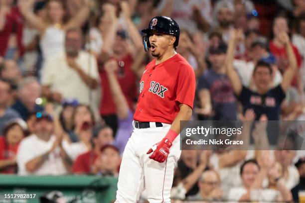 David Hamilton of the Boston Red Sox reacts after hitting an RBI triple during the sixth inning against the Texas Rangers at Fenway Park on July 05,...