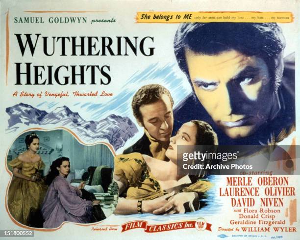 Merle Oberon, David Niven, and Laurence Oliver in movie art for the film 'Wuthering Heights', 1939.