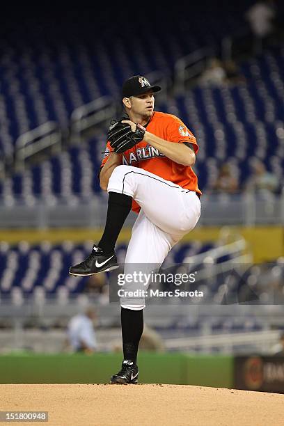 Pitcher Josh Johnson of the Florida Marlins throws against the Milwaukee Brewers at Marlins Park on September 6, 2012 in Miami, Florida.