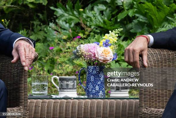 Downing Street-themed mugs are pictured on a side table as Britain's Prime Minister Rishi Sunak and US President Joe Biden sit in the garden of 10...