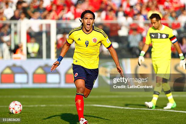 Radamel Falcao celebrates a goal during a match between Chile and Colombia as part of the South American Qualifiers for the FIFA Brazil 2014 World...