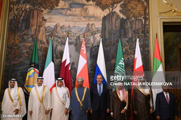 Russian Foreign Minister Sergei Lavrov poses for a family photo with representatives of the Gulf Cooperation Council members states - Foreign...