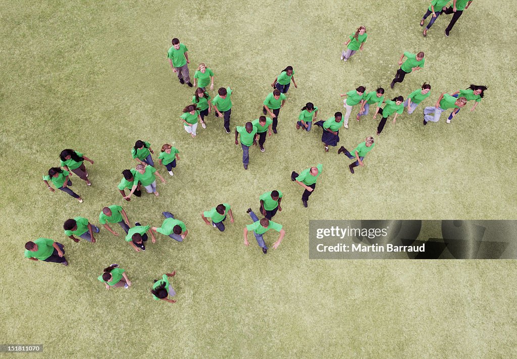 People in green t-shirts walking in field