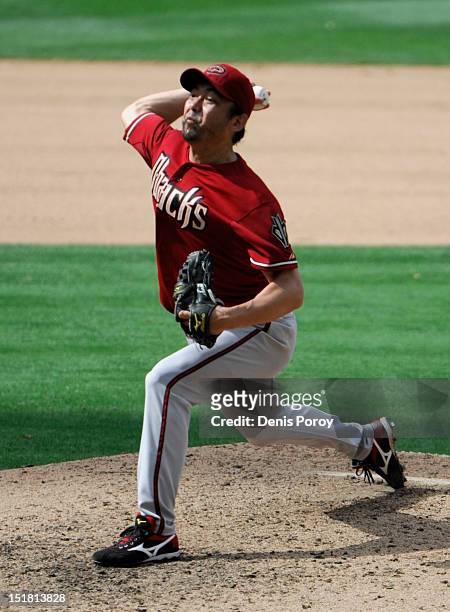 Takashi Saito of the Arizona Diamondbacks pitches during a baseball game against the San Diego Padres at Petco Park on September 9, 2012 in San...