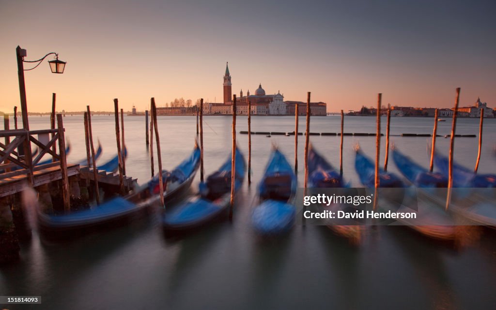 Moored gondolas in Venice, Italy