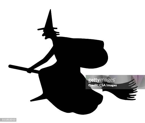 silhouette of a witch on broom - witch's hat stock illustrations