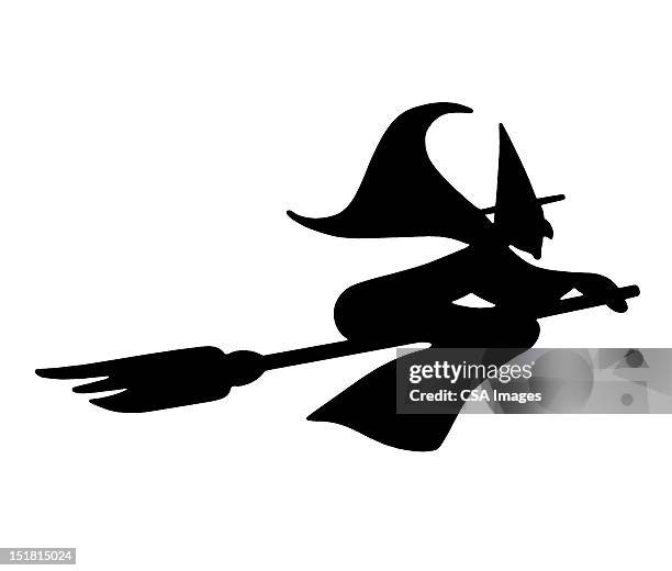 silhouette of a witch on broom - witch hat stock illustrations