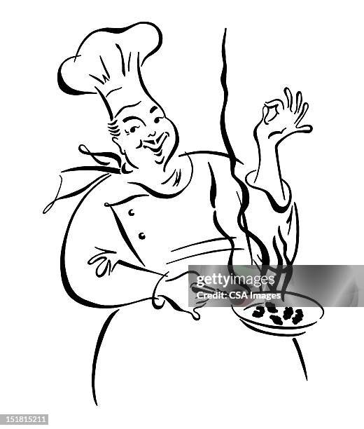 chef holding pan - chefs hat stock illustrations