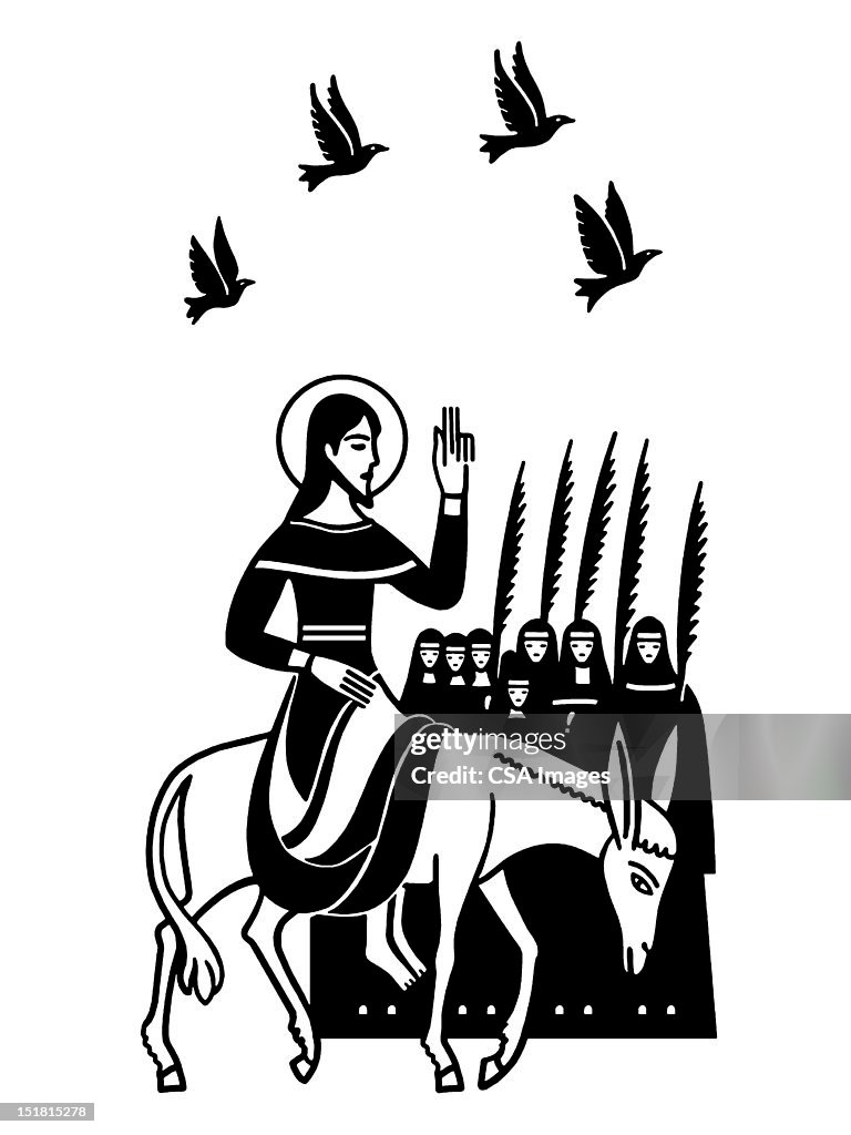 Jesus Riding Mule Passing Nuns