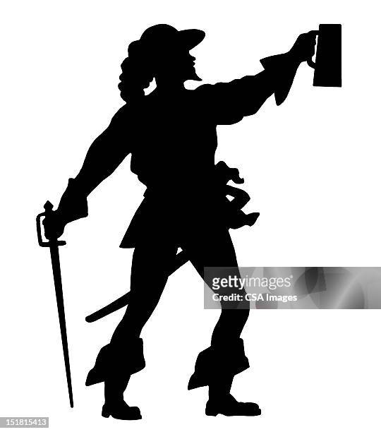 ilustraciones, imágenes clip art, dibujos animados e iconos de stock de silhouette of man lifting mug - musketeer