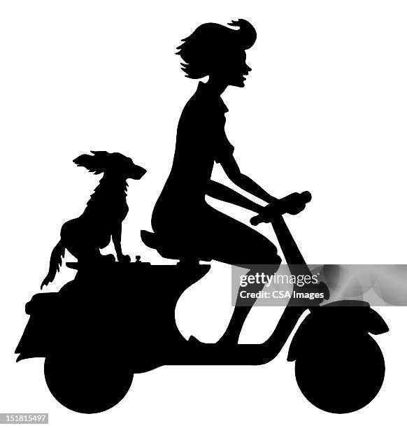 illustrazioni stock, clip art, cartoni animati e icone di tendenza di silhouette of woman on scooter - moped