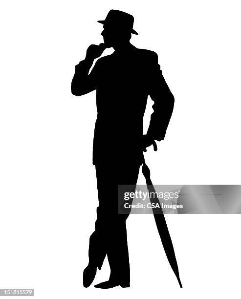 silhouette of man with umbrella - hat and suit stock illustrations