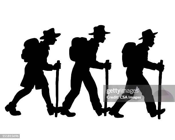 silhouettes of three people walking - adventure logo stock illustrations