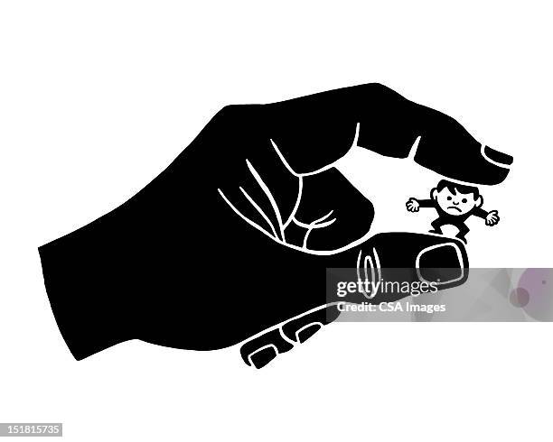 hand holding tiny man - pinching stock illustrations