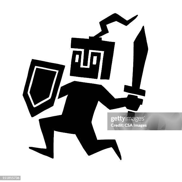 soldier running with shield and sword - dagger stock illustrations