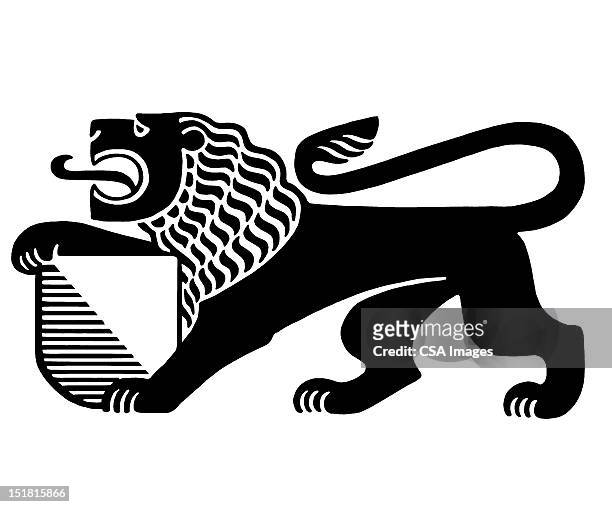 ilustraciones, imágenes clip art, dibujos animados e iconos de stock de lion holding shield - leon