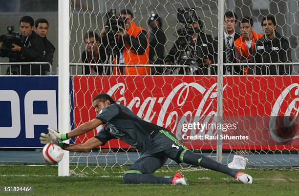 Argentine goalkeeper Sergio Romro stops a penalty kick of Peruvian Claudio Pizarro during a match between Peru and Argentina as part of the South...