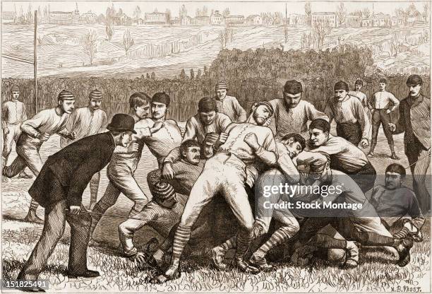 Wood engraving from Harper's Weekly magazine depicts onfield action during a football match between Yale and Princeton on Thanksgiving Day, November...