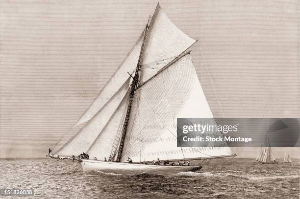 Wood engraving depicts American steel sloop racing yacht 'Volunteer,' winner of the America's Cup , late 19th century.