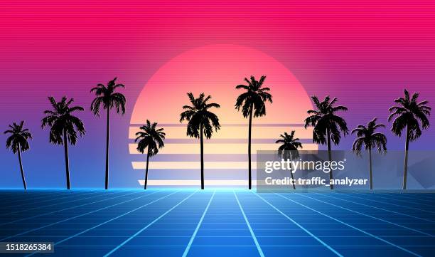 synthwave retro background - palm trees - sunset sky trees stock illustrations
