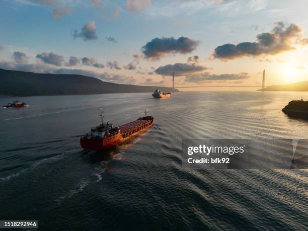 luftaufnahme von zwei frachtschiffen auf der durchreise. istanbuler bosporus - tankschiff stock-fotos und bilder