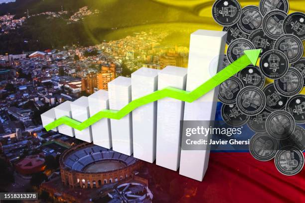 economy graph: up arrow, colombian flag, new 10,000 pesos coins and bogotá city - colombian peso stock pictures, royalty-free photos & images