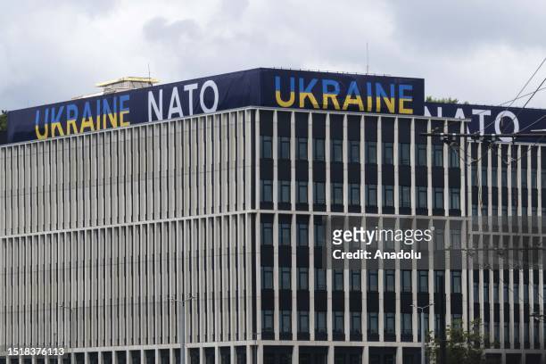 Ukrainian flag on banners hung on buildings and poles in Vilnius, Lithuania on June 10, 2023. Ahead of the NATO summit to be held in Vilnius, the...
