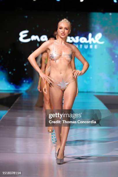 Model walks the runway at Ema Savahi at Miami Swim Week - The Shows at SLS South Beach on July 05, 2023 in Miami Beach, Florida.