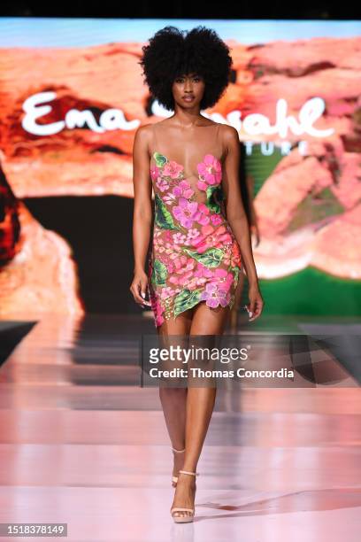Model walks the runway at Ema Savahi at Miami Swim Week - The Shows at SLS South Beach on July 05, 2023 in Miami Beach, Florida.