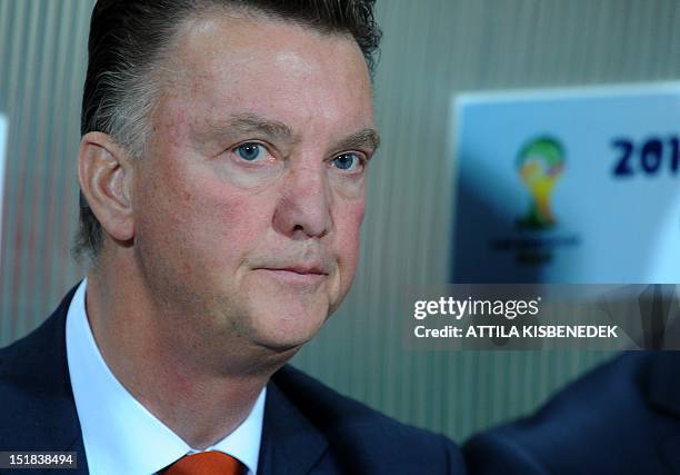 Netherland's coach Louis van Gaal speaks on September 11, 2012 at Puskas stadium in Budapest before a World Cup 2014 qualifying football match...