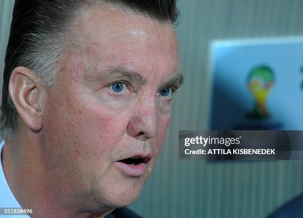 Netherland's coach Louis van Gaal speaks on September 11, 2012 at Puskas stadium in Budapest before a World Cup 2014 qualifying football match...